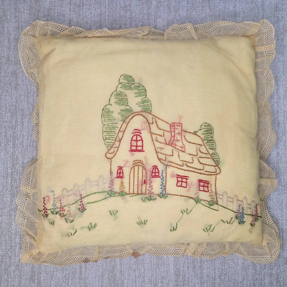 Vintage Embroidery Pillow with Lace Edges 12x12 Shabby Chic Cottagecore‎ Yellow